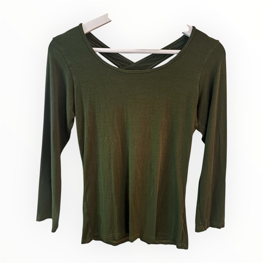 Elegant Forest Green Long Sleeve Full Stretch Top w/ Strappy Back Design Size S
